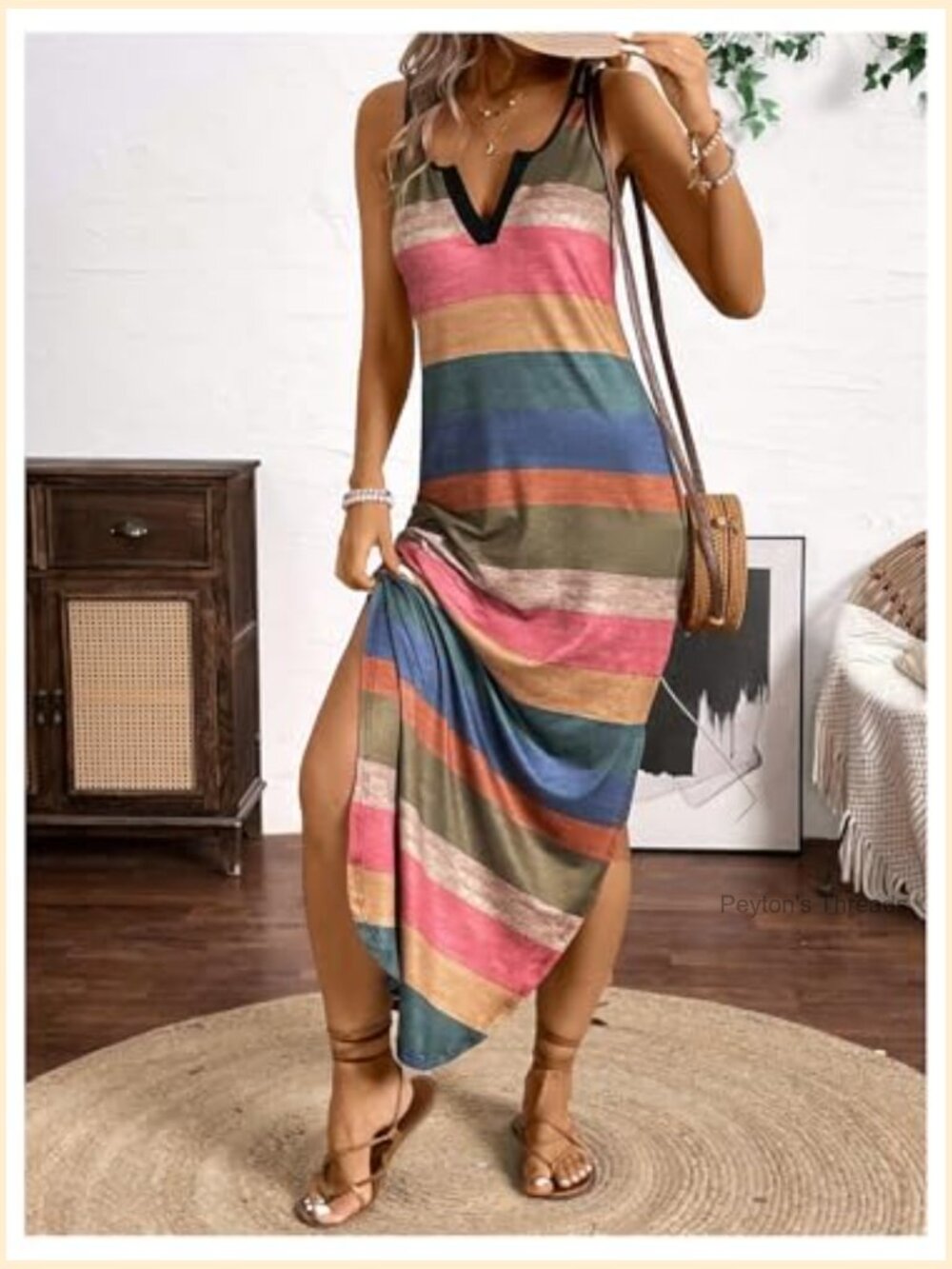 Striped Color Block Maxi Dress Notched V Neck Spaghetti Strap Split Cami Dress - Picture 4 of 5